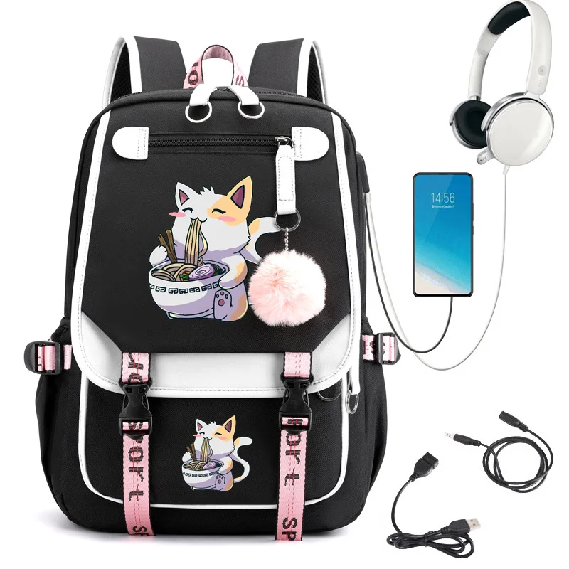 Cute Anime Ramen Cat Print Backpack Fluffy Pink Ball Sport Printed Adjustable Strap Multi Layer Pocket Women School Travel Bag