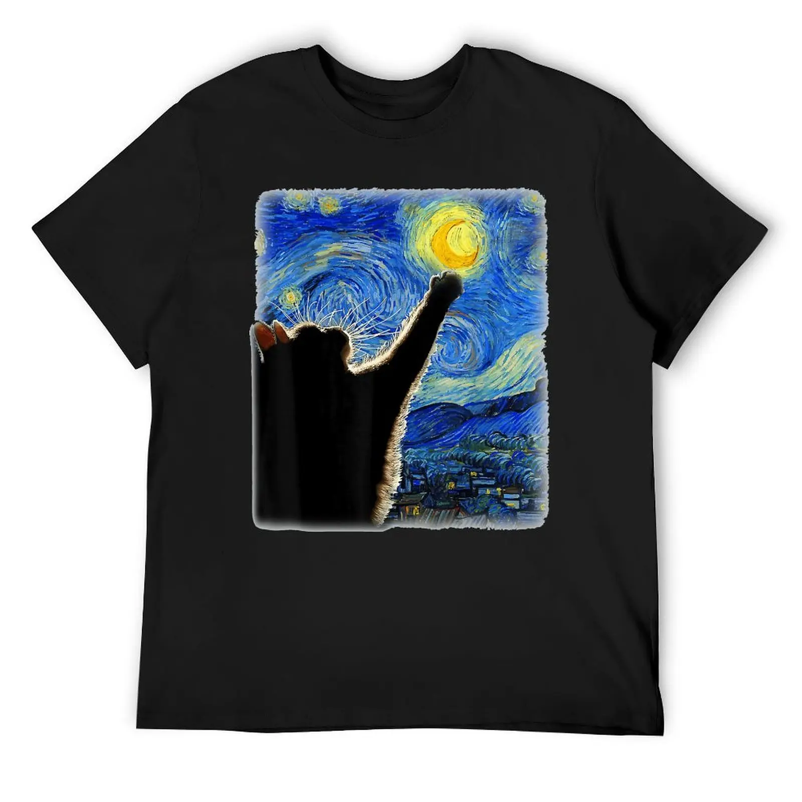 Round Neck Starry Night Cat Van Gogh Cat Cat Lover T-shirt  Move Tshirt Unique Funny Novelty Home USA Size image 2