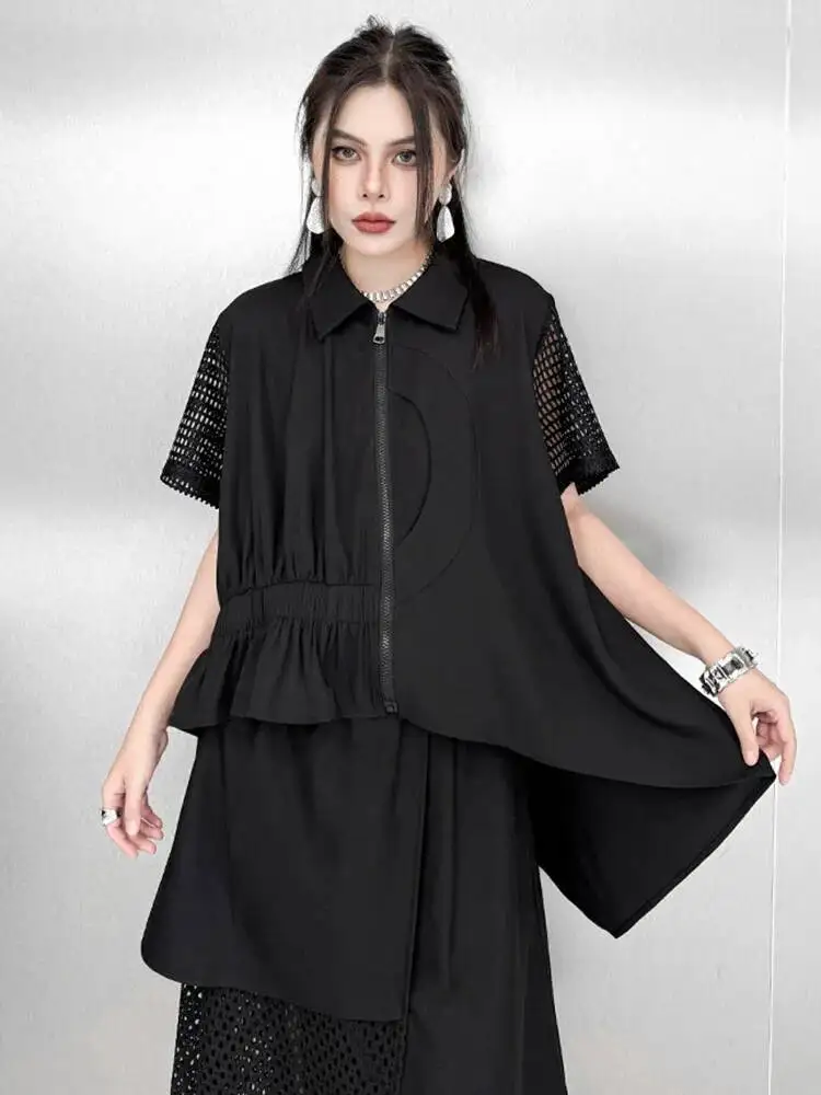 

Women Black Grid Hollow Out Irregular Big Size Blouse New Lapel Short Sleeve Shirt Fashion Tide Spring Summer