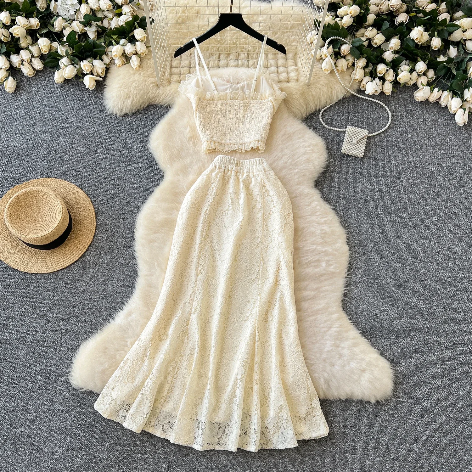 Chic Women Two-Piece Sets Vintage Straps Butterfly Camis Top and High Waist Ruffle Lace Skirt Korean High Street Summer Clothing