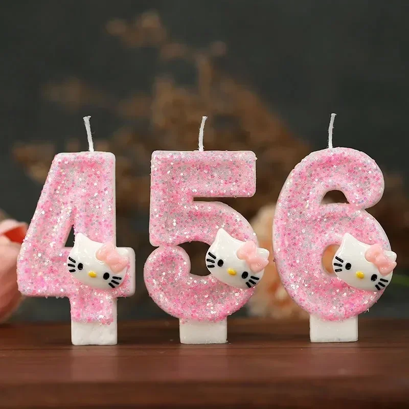 Kawaii Hello Kitty จํานวนเทียนวันเกิดเทียนดิจิตอลเค้กวันเกิดตกแต่งครบรอบเทียนปาร์ตี้