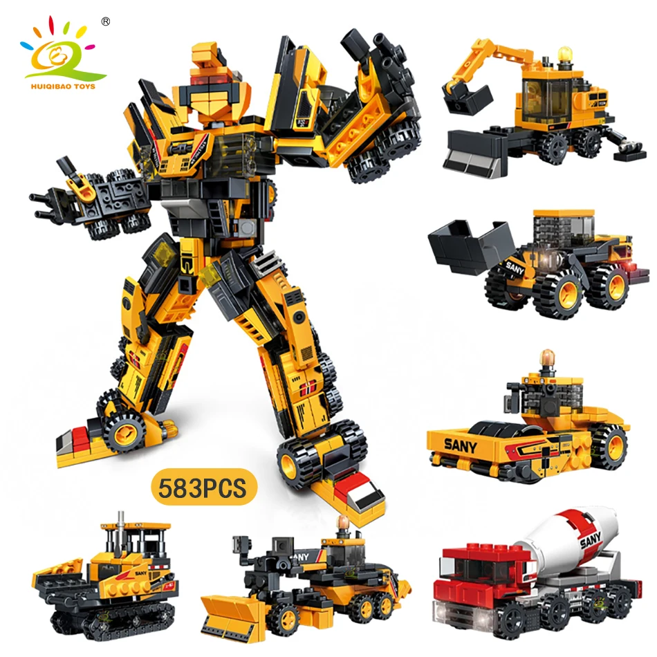 

HUIQIBAO 6IN1 Heavy Engineering Transformation Robot Mecha Building Blocks City Construction Vehicle Bricks Kids Toys Boys Gift