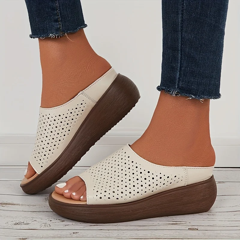 

Open Toe Hollow Out Wedge Slides Sandals, Breathable Thick Sole Platform Slip On Shoes, Arch Support Beach Slippers