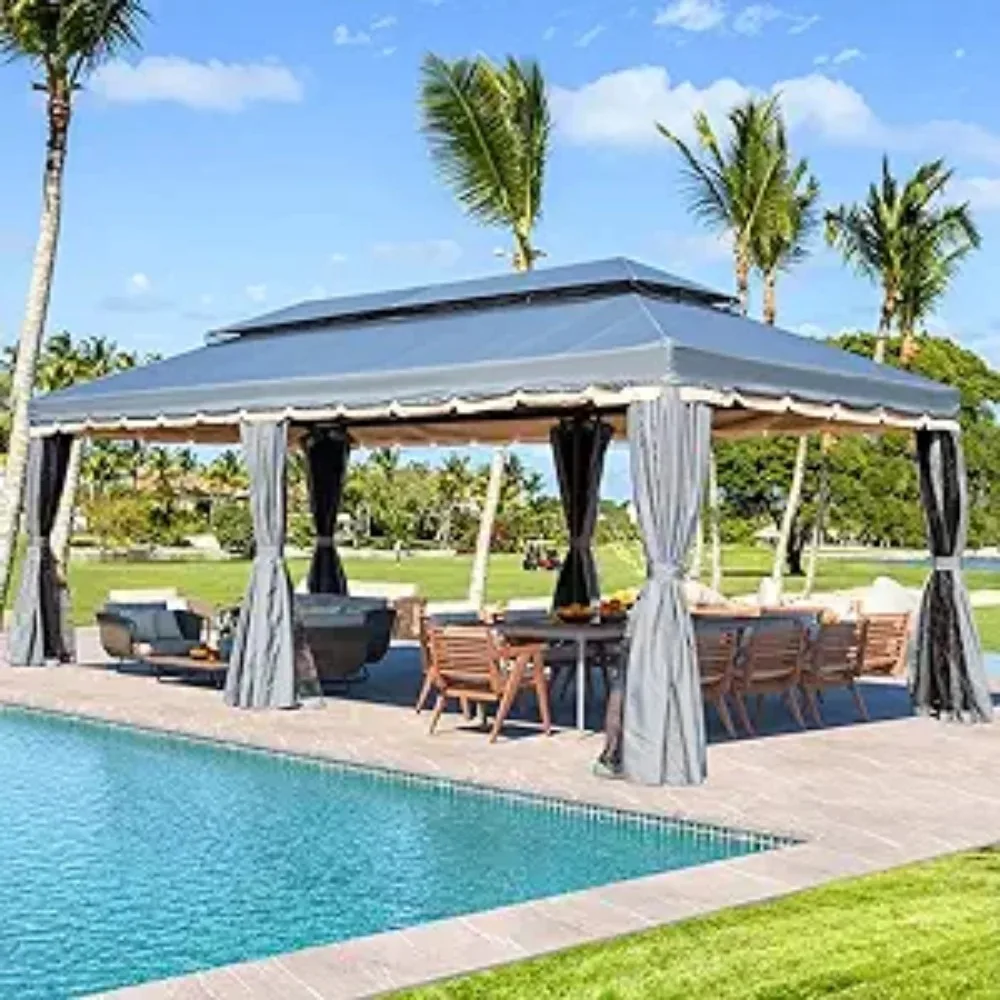 

10x20 Outdoor Canopy Gazebo,Double Roof Patio Gazebo Steel Frame with Netting and Shade Curtains for Garden,Patio,Party, Grey