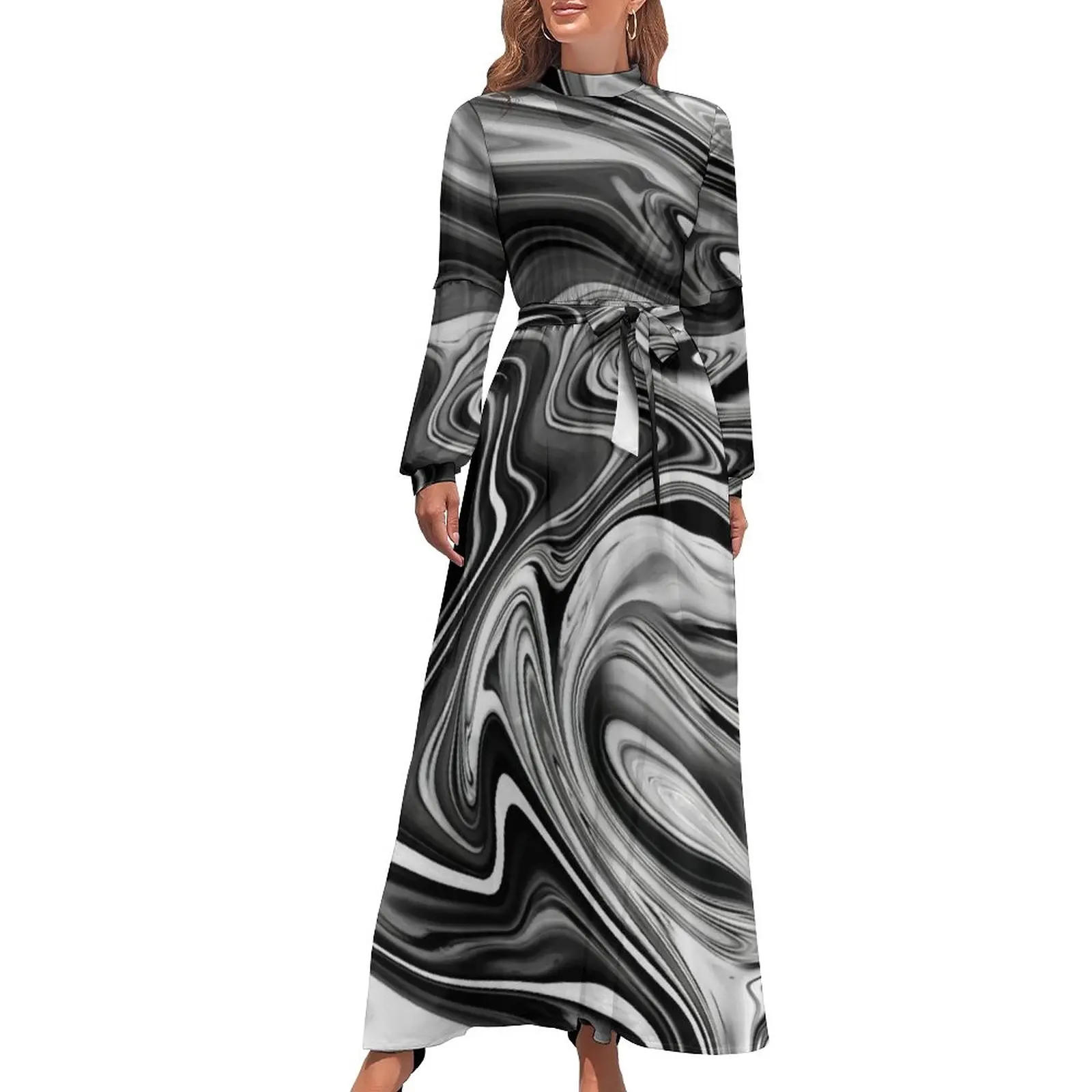 Liquid Black White Dress High Waist Elegant Marble Print Boho Beach Dresses Long Sleeve Streetwear Maxi Dress Elegant Vestidos