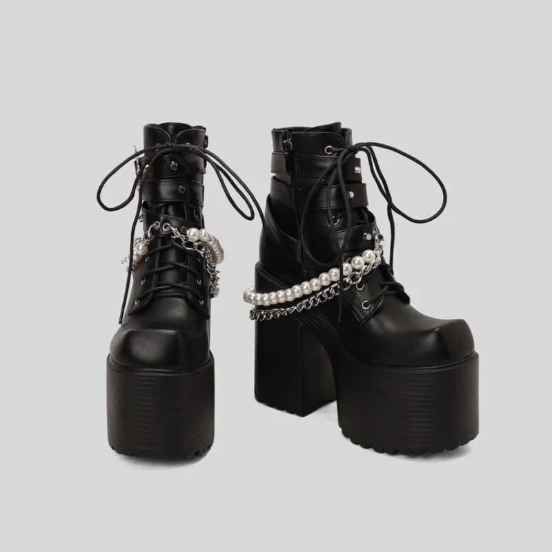 Metal Buckle Pearl Metal chain Lace-up leather ankle Height Increasing Belt buckle design Easy to handle plush inside