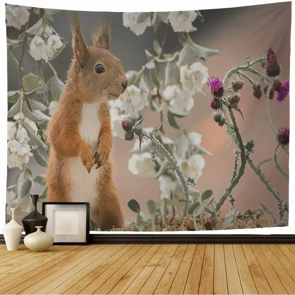 Squirrel 3D Pattern Tapestry Woodland Wild Animal Party Room Tapestry Wall Hanging Cloth Cute Squirrel Tapestries Home Decor