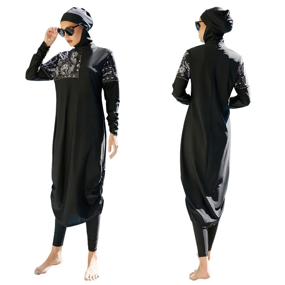 

2025 Muslim Swimwear Women Modest Printed Patchwork Hijab Long Sleeves Sport Swimsuit 3pcs Islamic Burkinis Wear Bathing Suit