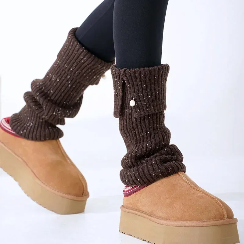 Korea Women Pearl Button Wool Knitted Ankle Covers Leggings Socks Leg Warmers Winter Thickened Calf Socks Harajuku Leg Covers