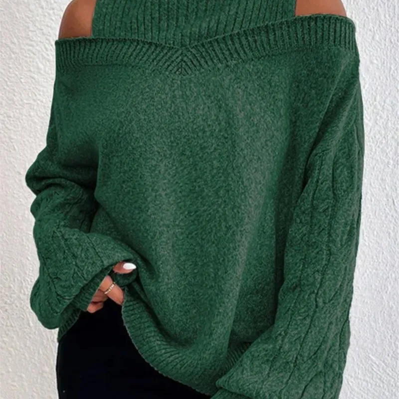 Women New Solid Knitting Off Shoulder Sweaters Autumn Winter Elegant Office Lady Half High Collar Splice Loose Pullovers Sweater