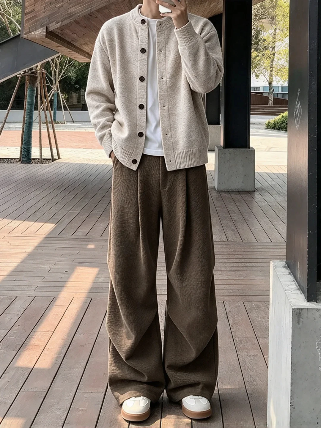 Brown Corduroy Casual Pants Men's Autumn American Retro Loose Paratrooper Pleated Wide Leg Long Trousers CleanFit Style