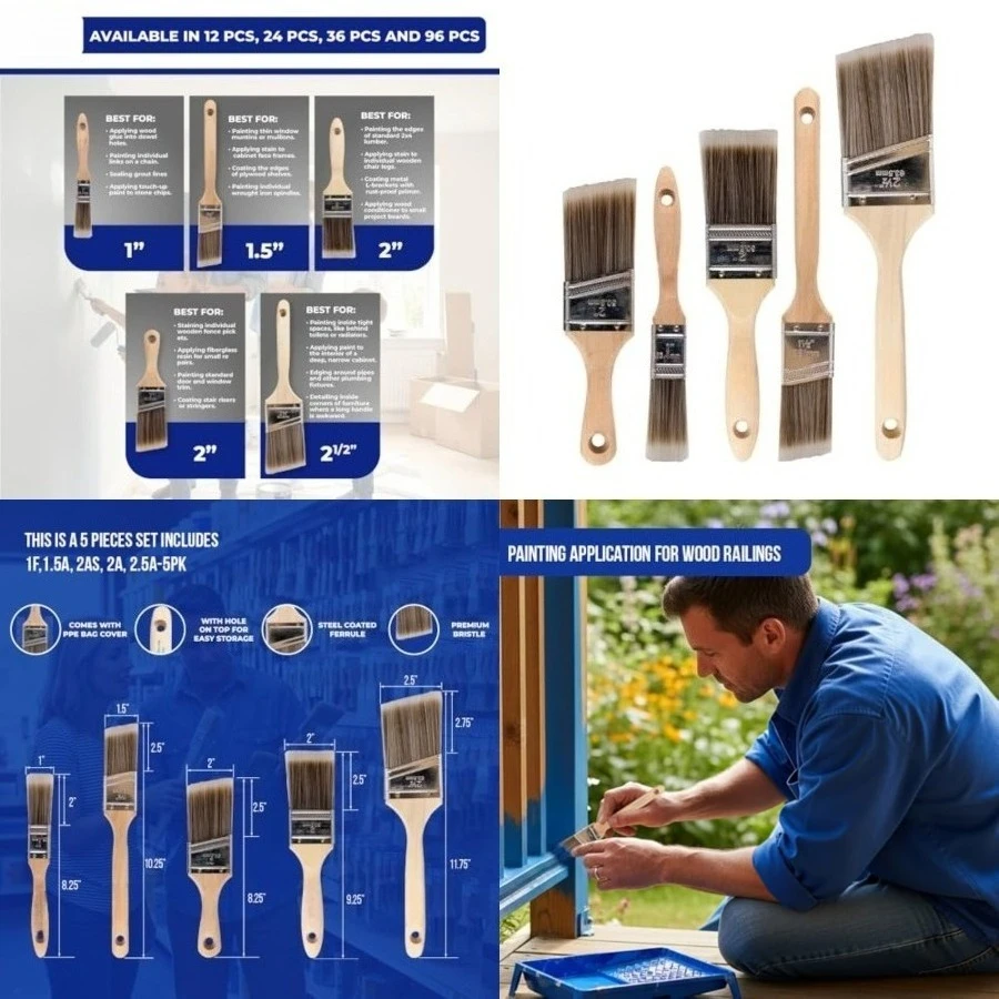 

Paint Brushes, 5-Piece Paint Brush Set, Flat & Angle Brushes for Walls, Trim, Cabinets, Interior & Exterior Latex and Oil Paints, Stains