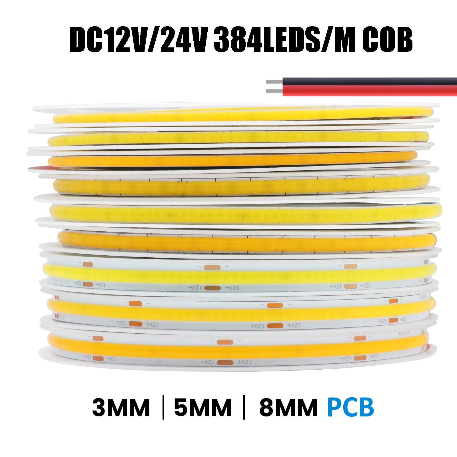 DC12V 24V COB LED Strip Lights 384LEDs/M 3MM 5MM 8MM Width Flexible Tape Linear Dimmable for Room Led Ribbon 3000K 4000K 6000K