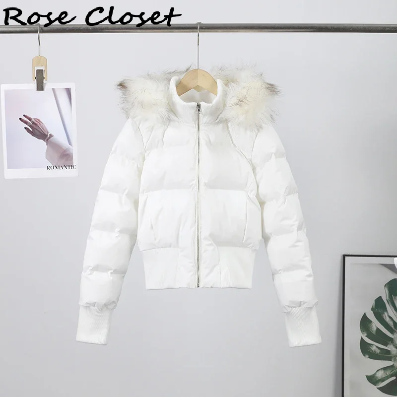 

Faux Fur Hooded Women's Down Jacket Winter Thicken Zipper Short Cotton Padded Coat 2025 NEW Waist-cinching Lady Outerwears