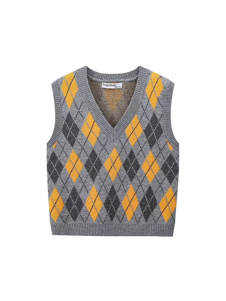 

2024 New Women's Wear European and American Style Fashion Diamond Pattern Jacquard Knitted Vest