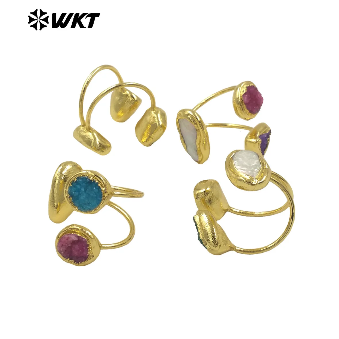 WT-MPR117 WKT New Design 18k Real Gold Plated Resist Tarnishable Triple Natural Stone And Pearl Rings For Women