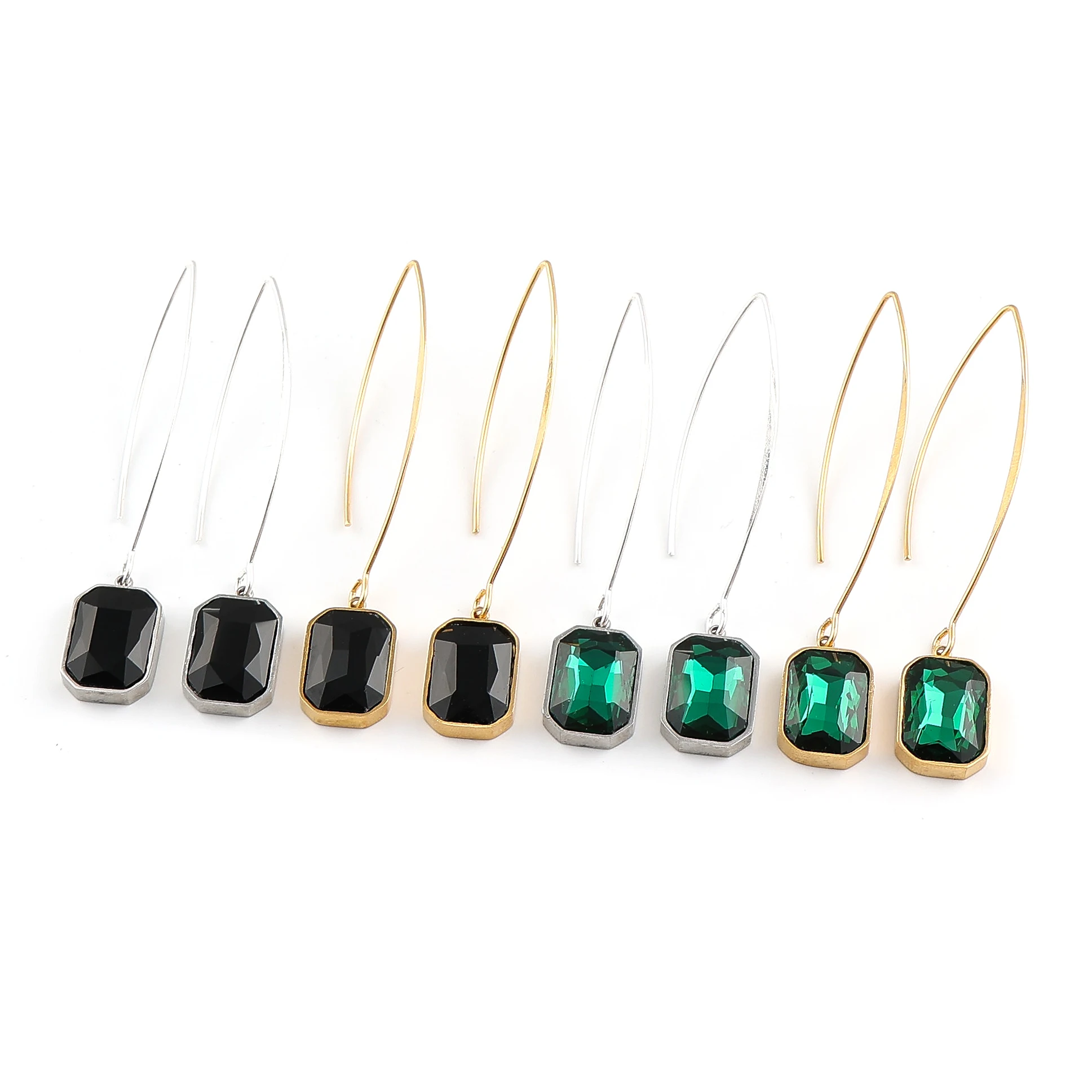 Vintage Long Threader Square Black Green Glass Drop Earrings For Women Stainless Steel Gold Silver Color Dangle Earring Jewelry