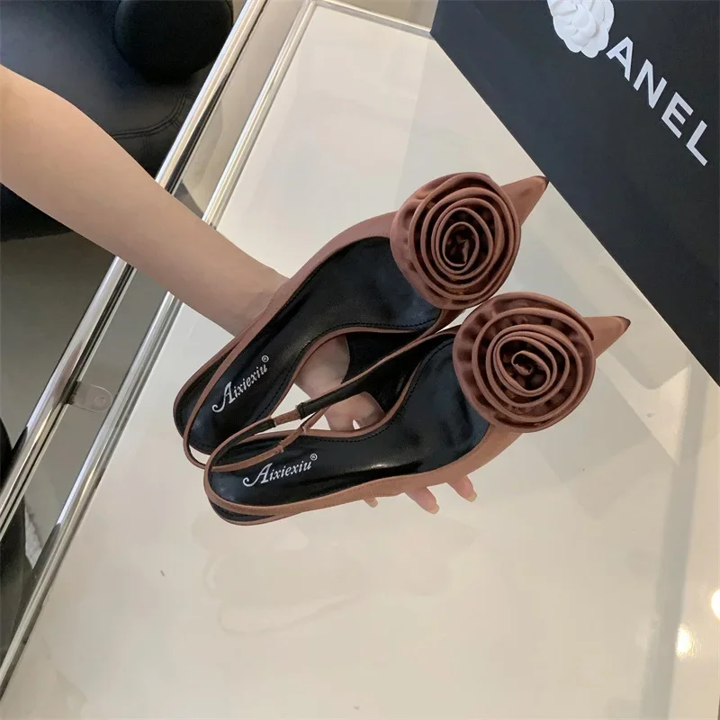 حار بيع 2025 جديد مثير الحرير Slingback أشار تو النساء مضخات تصميم الأزياء الزهور رقيقة الكعوب مأدبة حفلة موسيقية الأحذية 35-40 #6