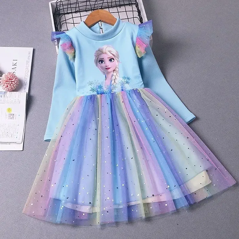 New Disney Elsa Princess Dress Girls Dress Spring Autumn Party Long-sleeved Children\'s Western Style Disney Frozen Formal 2-9Y