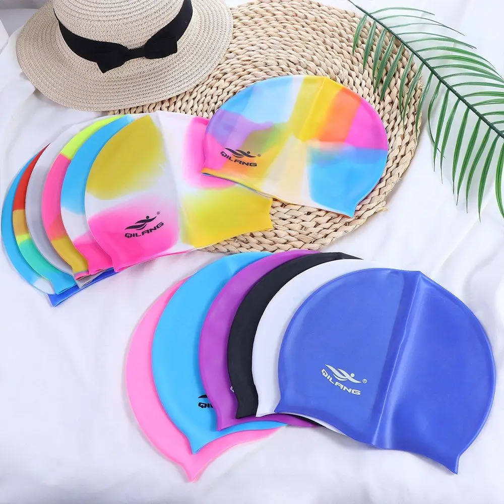 Practical Swim Pool Colorful Waterproof Swim Cap Plus Size Long Hair Swimming Cap Swimming Hat Swim Pool Hat Bathing Cap