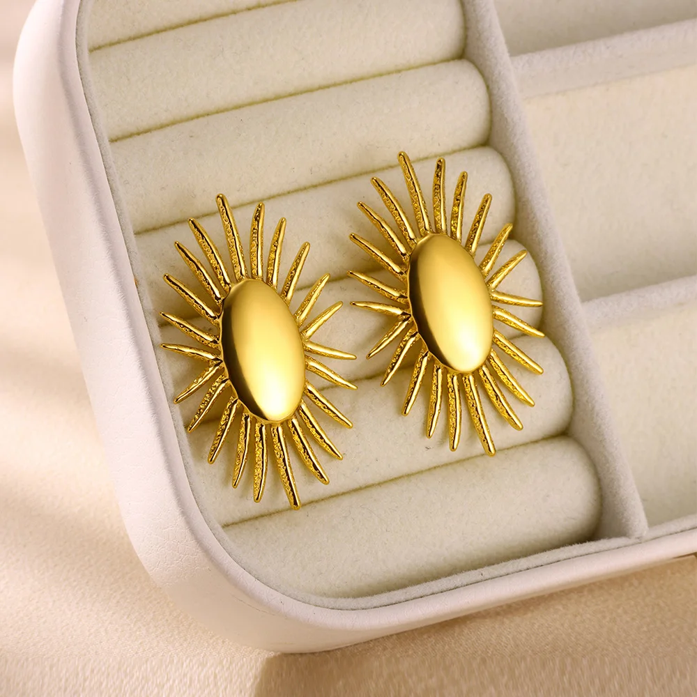 2024 Trend Stainless Steel Round Sun Flower Earrings Classic Gold Color Piercing Earring Minimalism Irregularly Jewellery Women