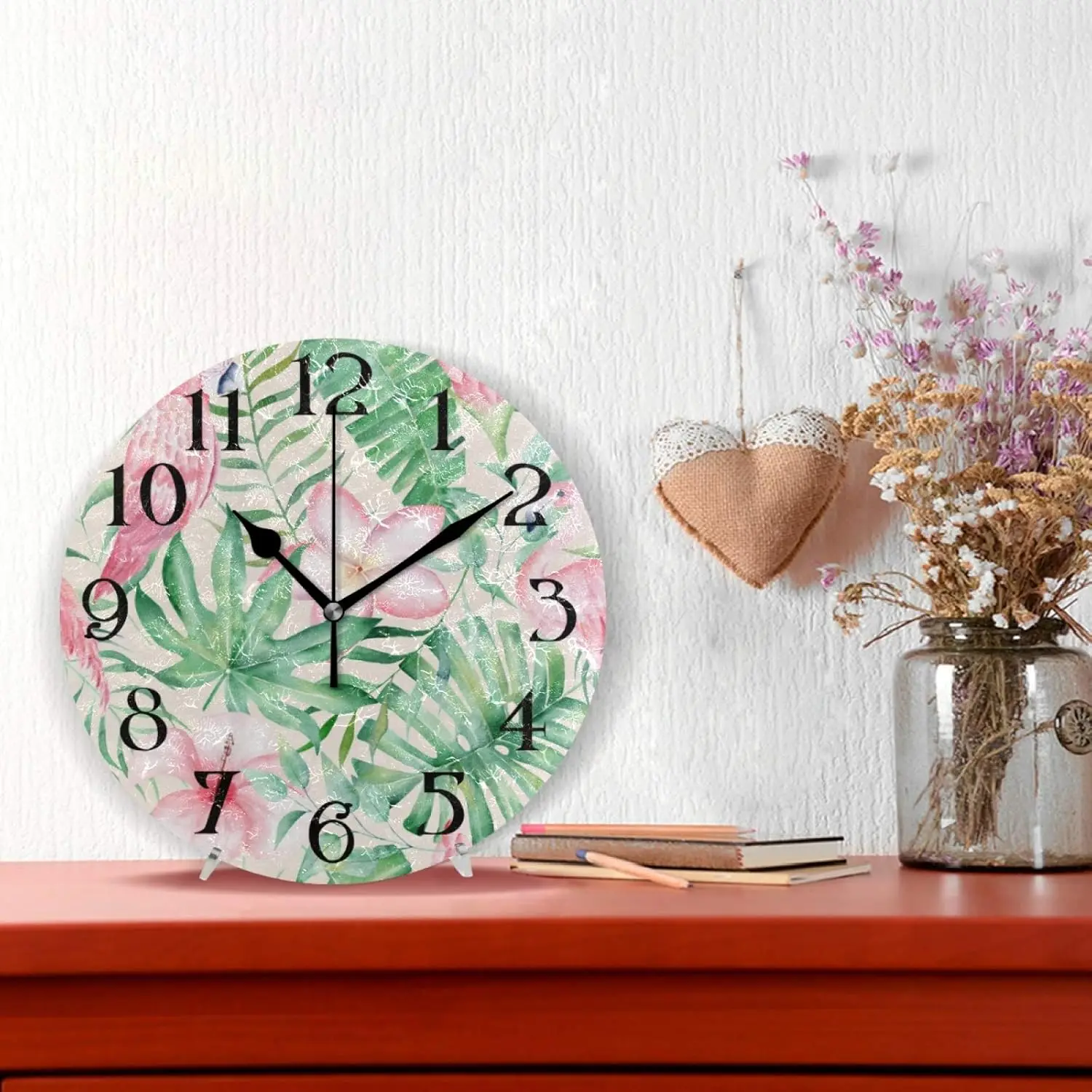 Tropical Plant Green Palm Leaves Pink Flamingo Wall Clock 9.5 Inch Non-Ticking Silent Clocks Round Bathroom Clock Battery Operat