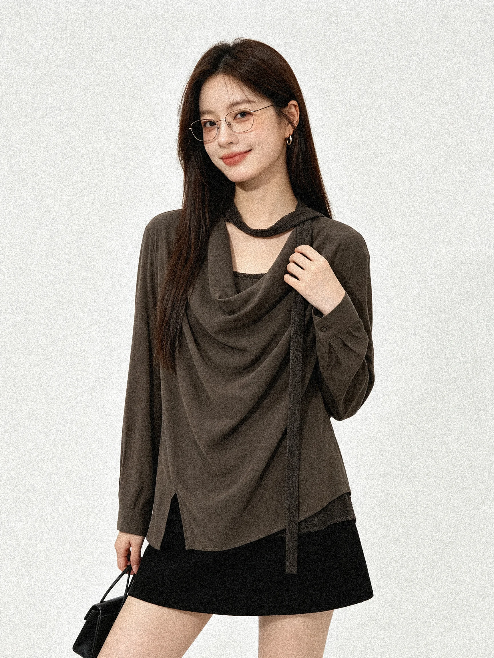 Elegant Lace Shirt Loose Long Sleeve Commute Early Autumn Bell Collar Sash Slimming High-End Feel Korean Style Women's Blouse