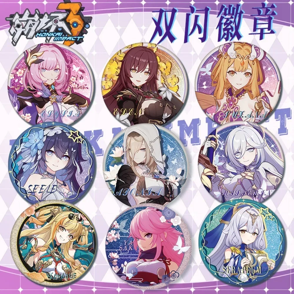 58mm Game Honkai Impact 3 Tinplate Brooch Elysia Aponia Sirin Fu Hua Badge Pin Decorative Collection Accessories Ornament Gift