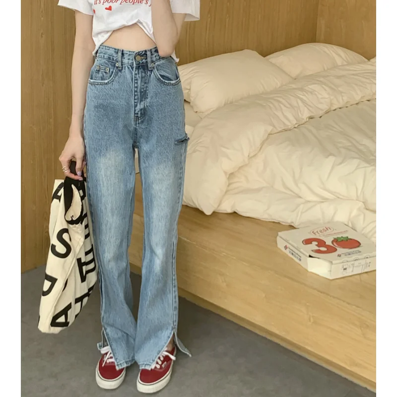 Blue High Waist Jeans for Women American Worn-out Fashion Y2K Streetwear Wide Leg Jean Female Trouser Straight Baggy Denim Pants