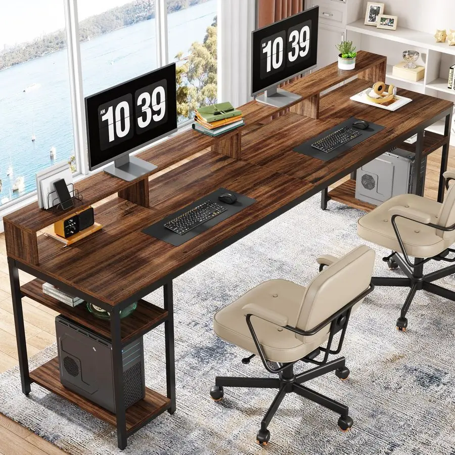 

Two Person Desk with Monitor Stand, 78.74 Long Double Computer Office Desk with Storage Shelves, Large Gaming Study Writing Tabl