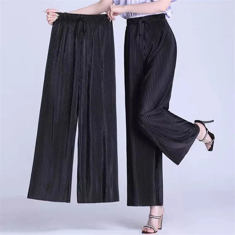 Frau Vintage weites Bein Hosen Kordel zug Falten hose weiblich lässig hohe Taille koreanischen Stil gerade Hosen Streetwear neu