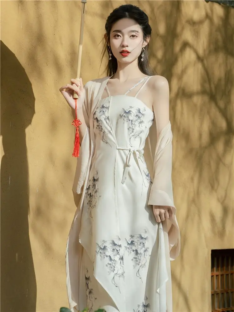 Chinese Dress Elegant High End High Quality Cardigan Coat Slip Dress Printed 2024 Summer New Daily 2 Piece Sets Womens Outfits