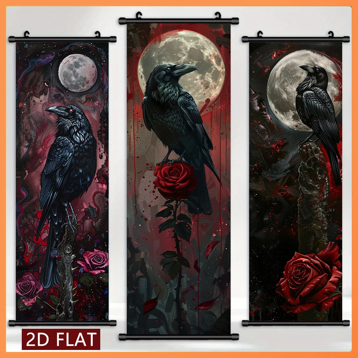 VIKAMA Gothic Raven Crow Full Moon Rose 3 Piece Wall Scroll Tapestry Set Dark Wall Art Decor for Living Room Bedroom Gift