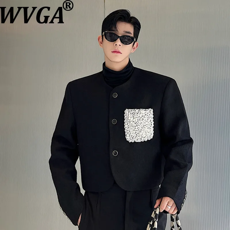 

WVGA Spring Autumn New Men Tide Heavy Pearl Pocket Trendy Long Sleeve O-Neck Jacket Niche Chic Casual Short Coat Darkwear W17005