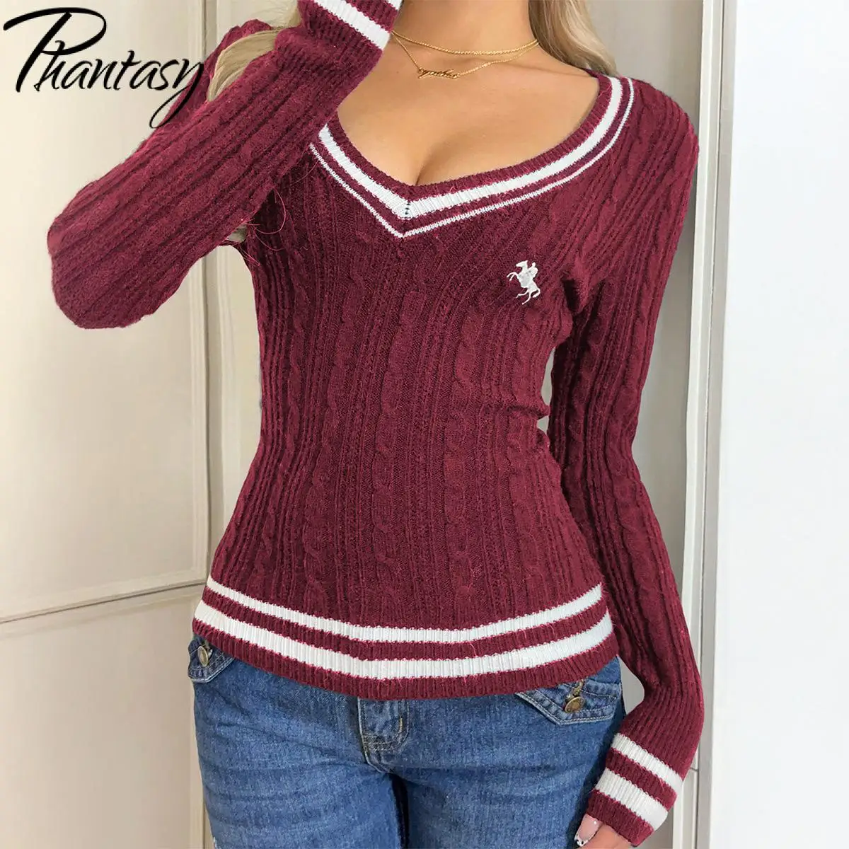 

Phantasy Fashionable Minimalist Style Sweater V-Neck Long Sleeved Autumn Women's Simple Color Blocking Spliced Knitted Sweater