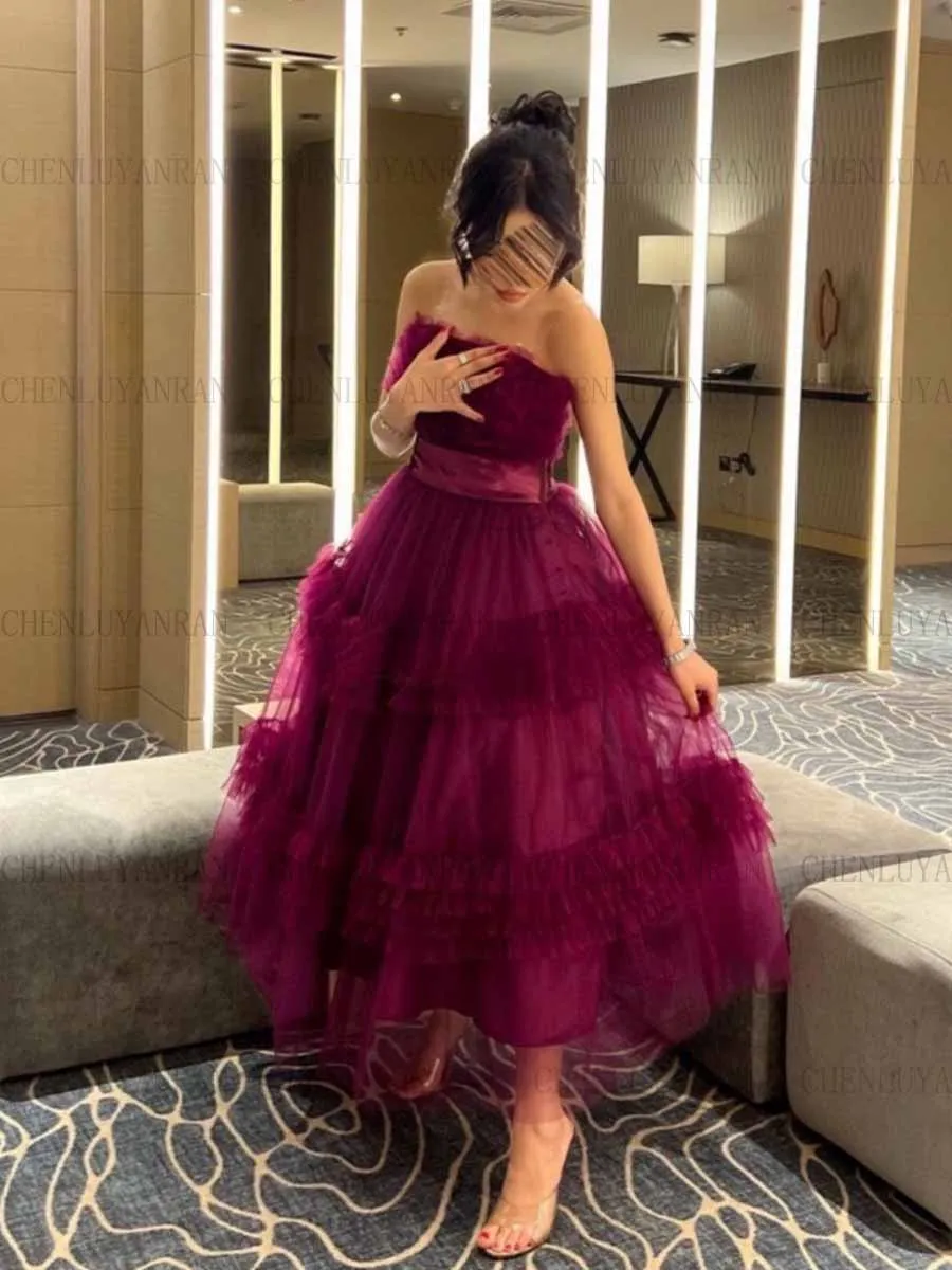 Purple Sexy Formal Occasion Dresses Strapless Pleat Tulle Prom Gowns Puffy A-Line Zipper Evening Party Dress فساتين حفلات