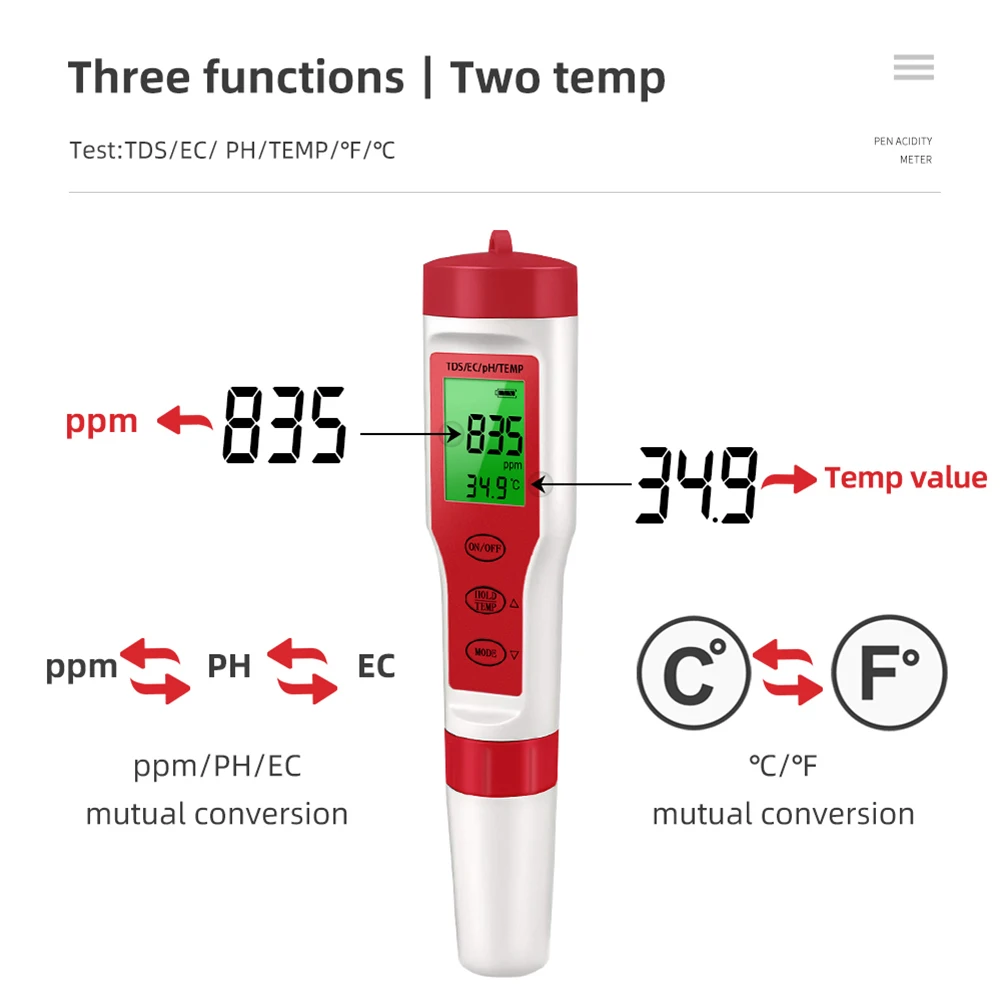 4 In1 PH Meter TDS/PH/EC/Thermometer Meter Digital Water Quality Monitor Tester For Pools Drinking Water Aquariums