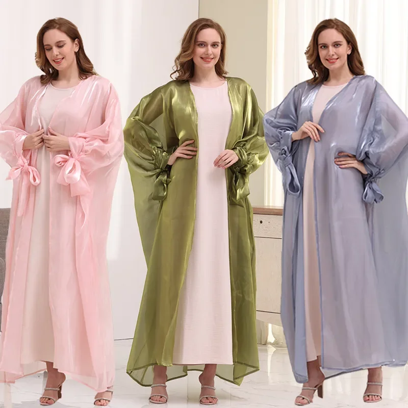 2024 Fashion Muslim Abaya Kaftans Women Smocking Sleeve Lace Up Prayer Coat Islamic Clothing Dubai Saudi Elegance Robe Turkish