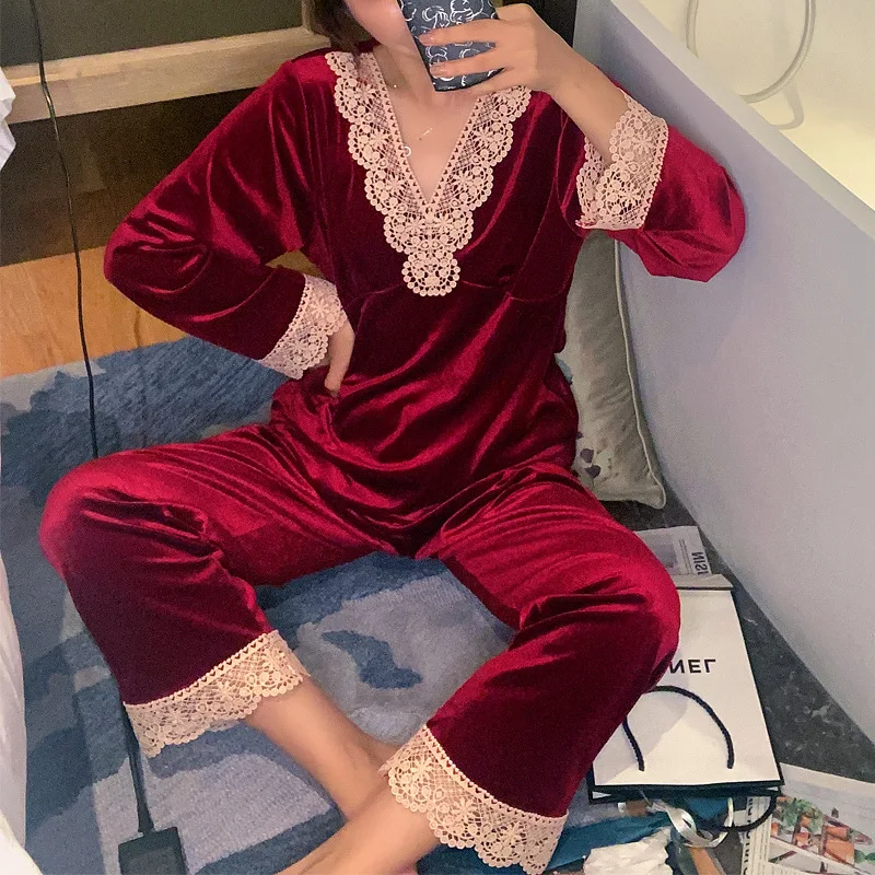 Velour Long Sleeve Trousers Set Velvet Pajamas Suit Winter New Velour Nightwear Home Clothes Loose Sleepwear Female Loungewear