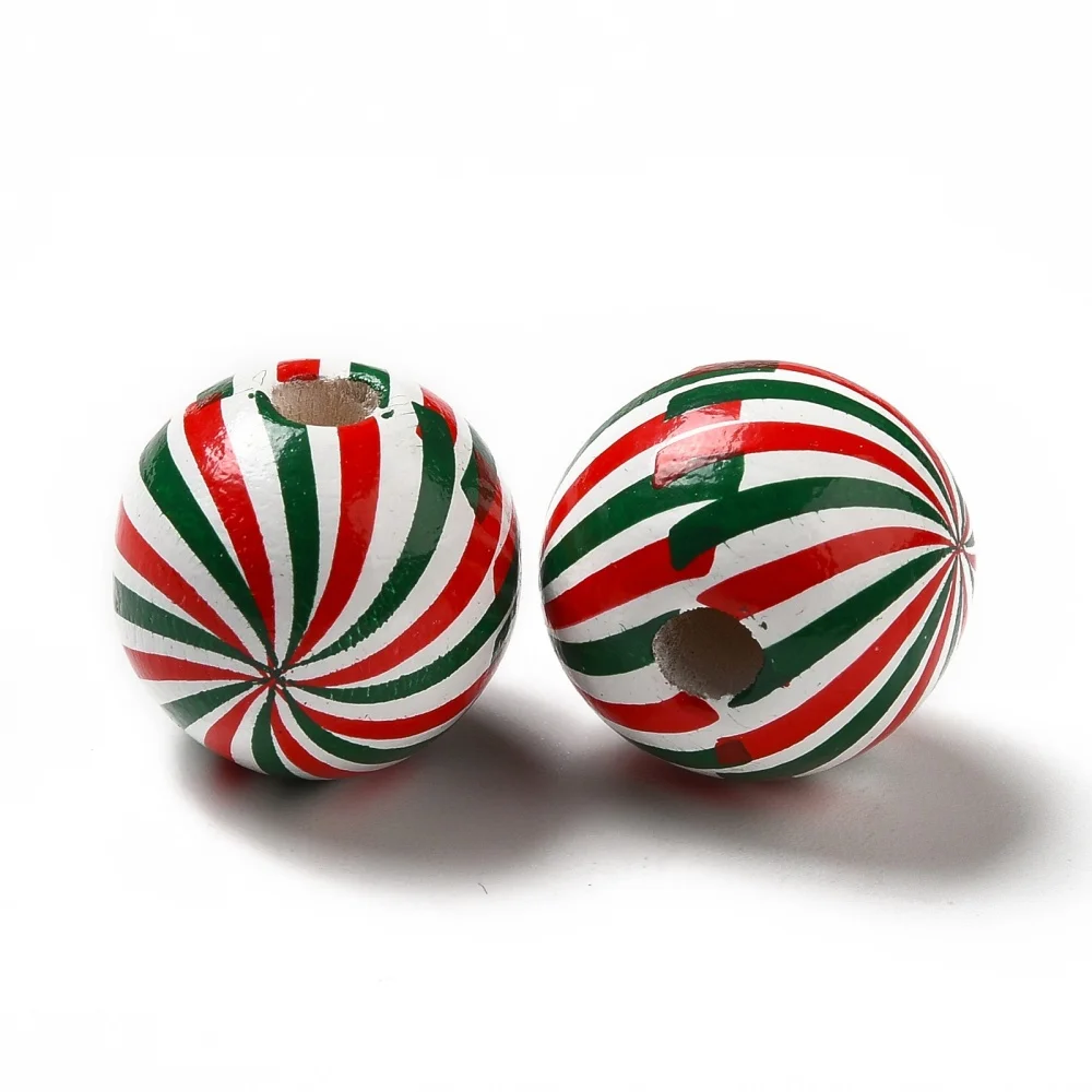 200pcs Christmas Theme Printed Natural Wooden Beads 16mm Large Hole Loose Round with Vortex Pattern Wood Bead for jewelry making