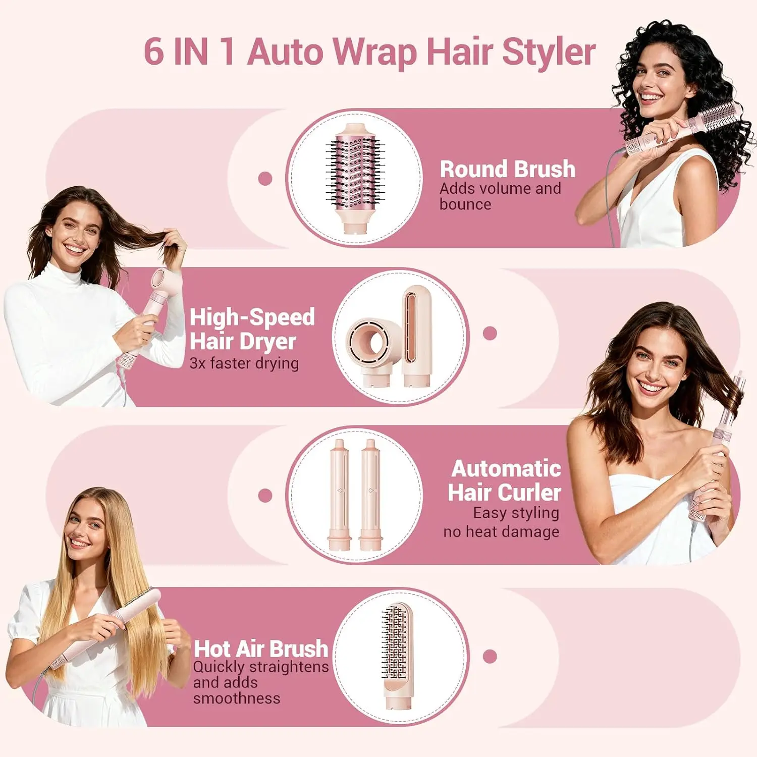 6 In 1 Air Hair Styler 1400W High Speed Ionic Hair Dryer Wrap Curlers Blow Dryer Brush Frizz Free Hot Air Brush No Heat Damage H