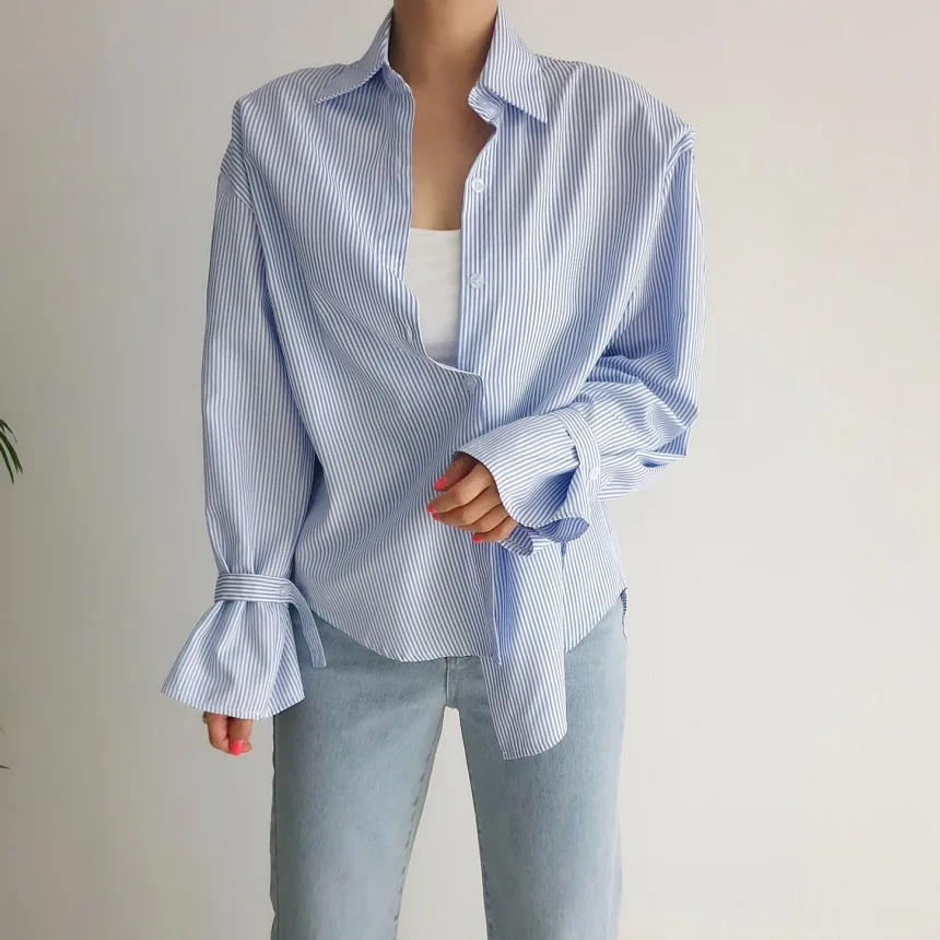Korean Style Long Sleeve Loose Women's Shirt Stripe Pattern Versatile Simple Design Casual Fashion Upperwear for Commuting