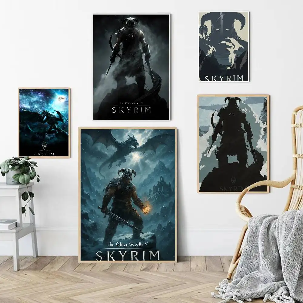 Game The Elder Scrolls V Skyrim Anime Poster Waterproof Wall Art Sticker For Bar Living Room Vintage Room Decor Print Gift