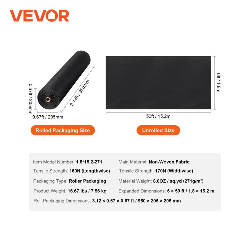 VEVOR Non Woven Geotextile Fabric Under Gravel Driveway Fabric Landscape Fabric Heavy Duty Weed Barrier French Drains Drainage