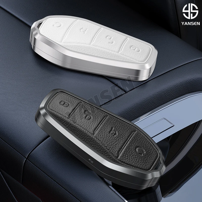 2024 New Aluminium Alloy Leather Remote Key Cover Case For BYD Atto 3 Han EV Dolphin 4 Buttons Auto Accessories