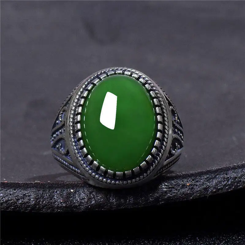 New Men\\\'s Classic Vintage Fashion Micro Set Green Zircon Ring Opening Chinese Fashion Antique Pattern Accessories