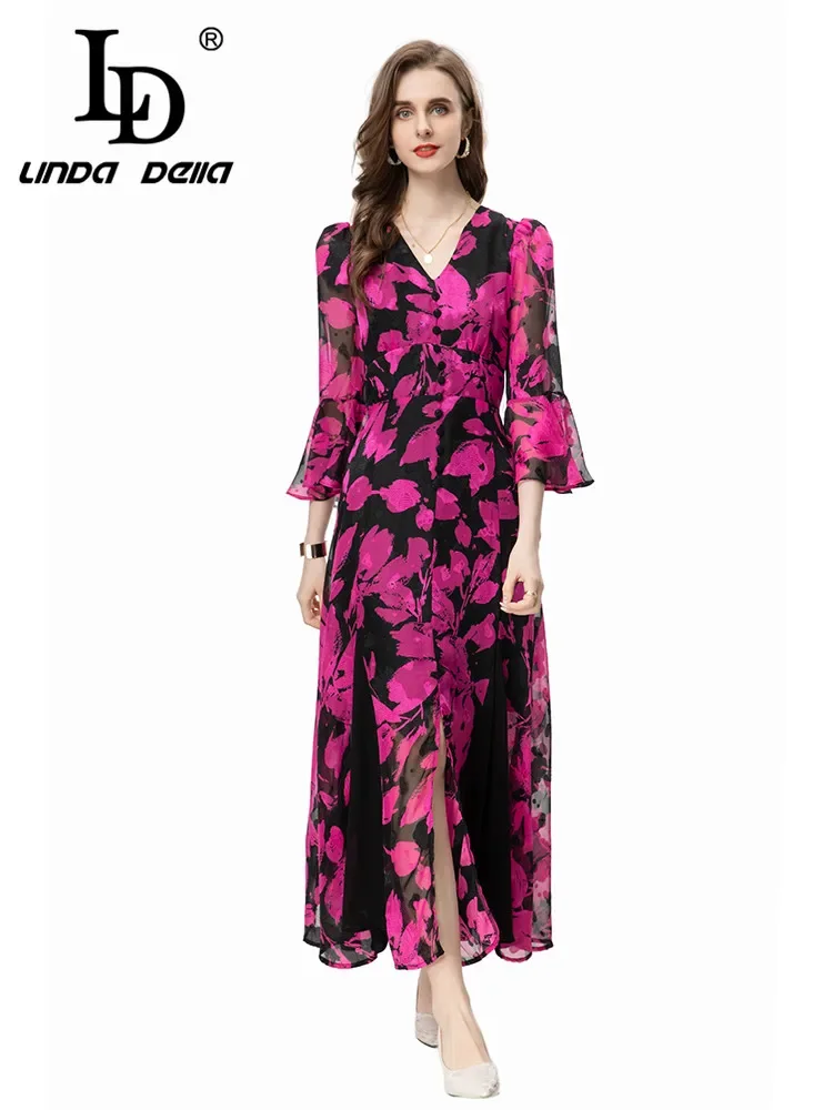 

LD LINDA DELLA 2024 Summer Italian Elegant Luxury Dress Women's Bohemian Butterfly Print Button V-Neck Flare Sleeve Dresses