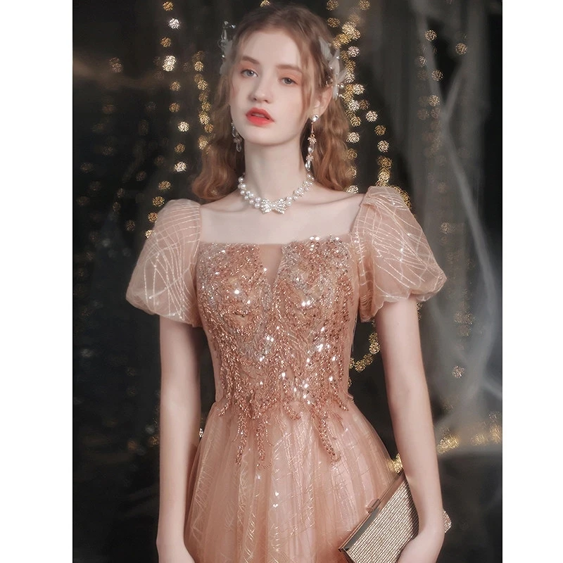 2022 New Gold Evening Dresses Square Collar Puff Sleeves Backless Bandage Bling Sequined Beads A-Line Formal Prom Party