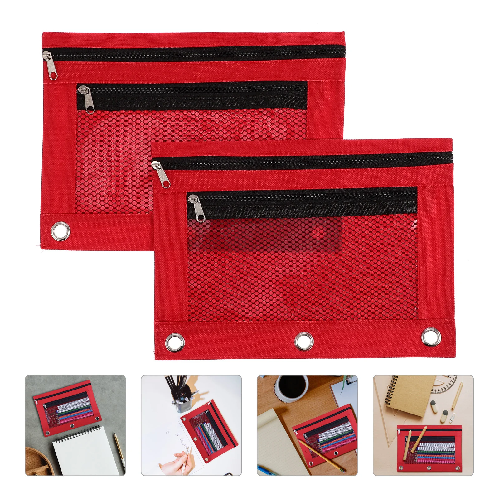 2 Pcs Binder Clips Pencil Case Pouch Zipper Bags Cases Container Multipurpose Storage Large Red Decorative Pouches Student