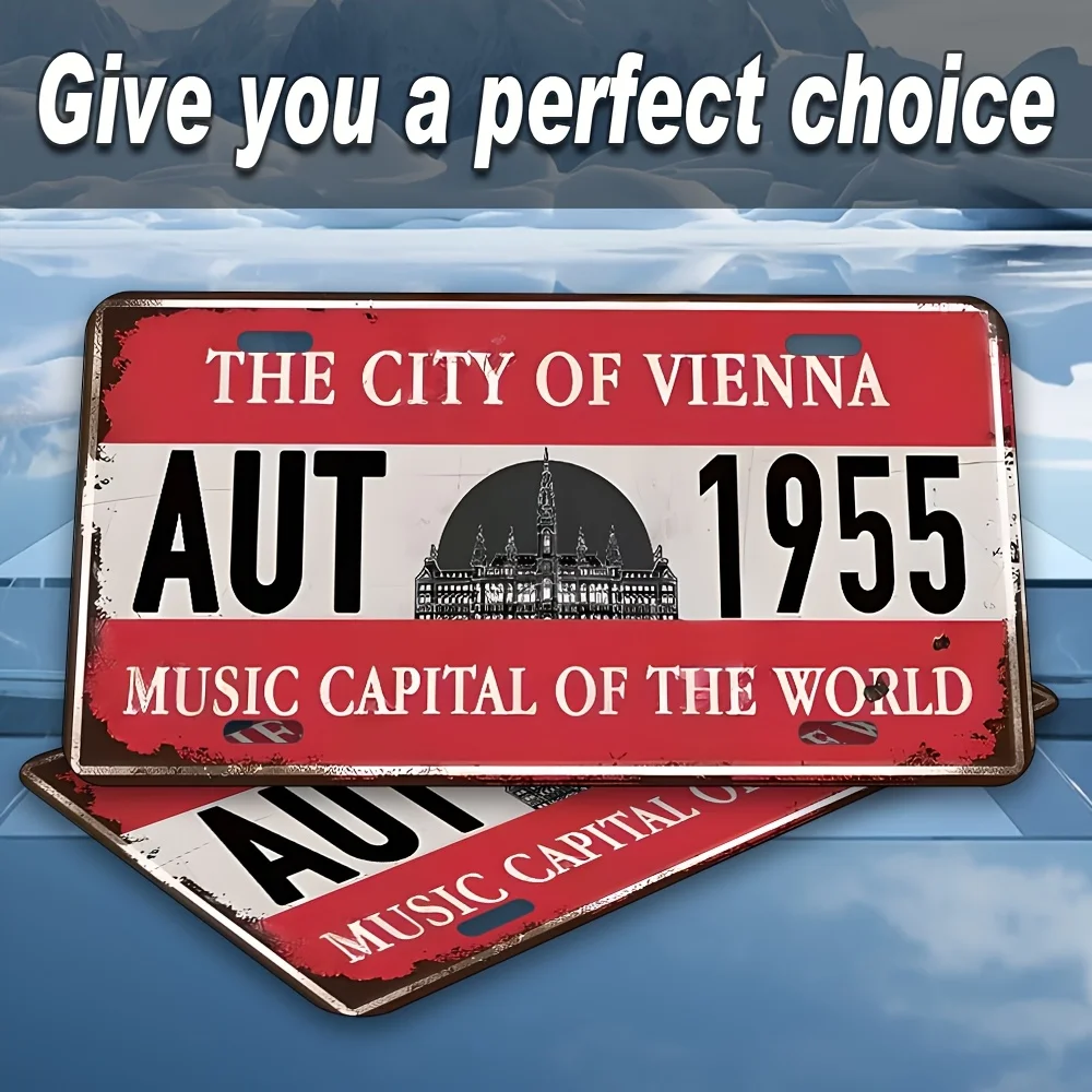 Style Aluminum Wall Sign |  Retro Vienna Music Capital Decorative License Plate Multi-Purpose Red and White Design, Suitable fo